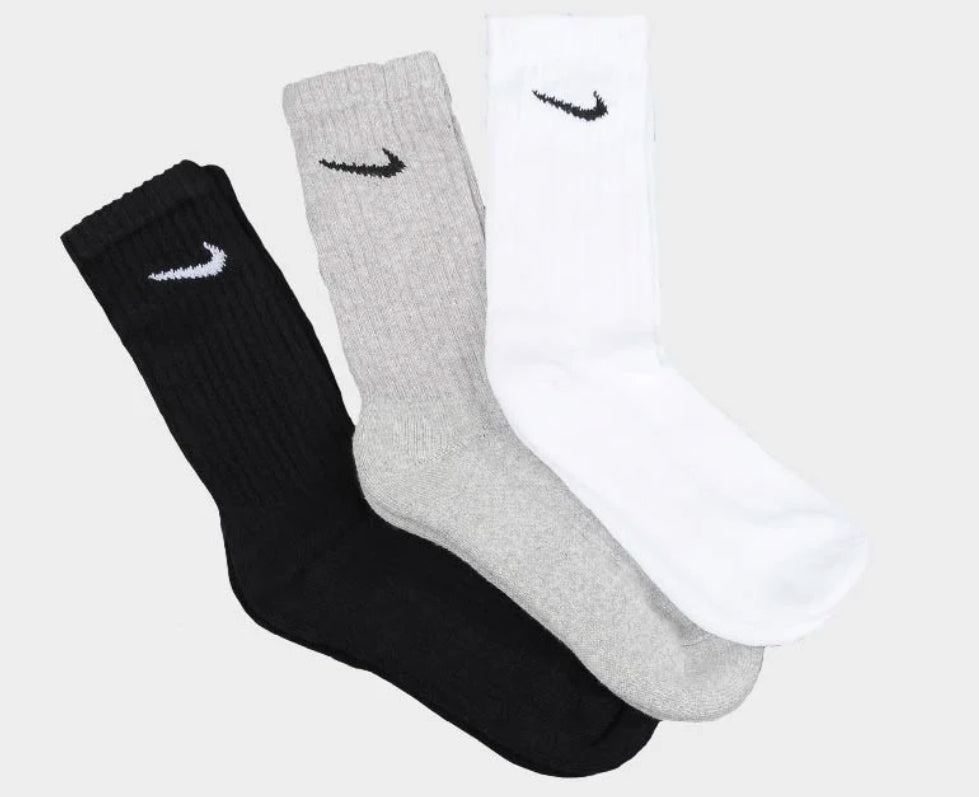 NIKE UNISEX 3 PACK CREW CUSHIONED TRAINING SOCKS BLACK/WHITE/GREY
